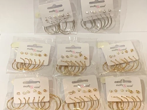 8x 6 pairs of gold 2 pairs silver earrings ball studs pearl studs diamante hoops