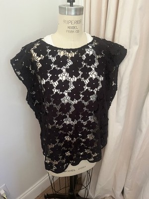 Talbots Women Black Lace Sleeveless Top Large PETITE NET 