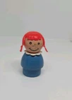 Vintage Fisher Price little people all wood blue girl red pigtails