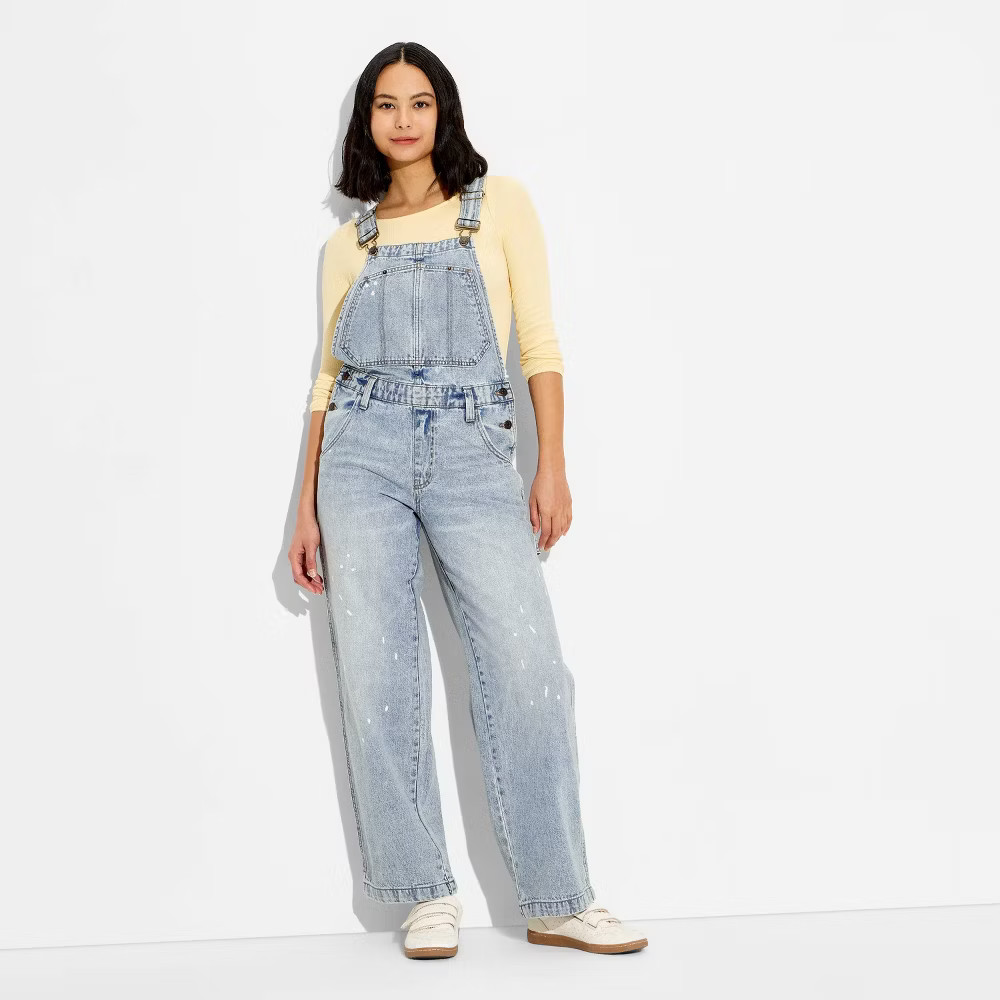 Women's Mid-Rise Baggy Overalls - Wild Fable Medium Wash Splatter XL