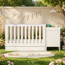 White Baby Cot Crib Sleeper Bed with Mattress&Wheeled Drawer&Storage Cabinet NEW