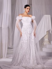 Elegant Off Shoulder Cloak Sleeves Wedding Dress. Size S