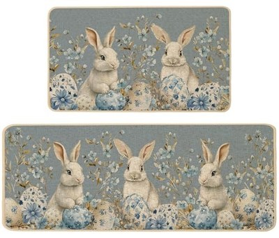  Easter Bunny Kitchen Mats Set of 17'' x 29'' /17'' x 47'' Blue Easter Bunny Eggs