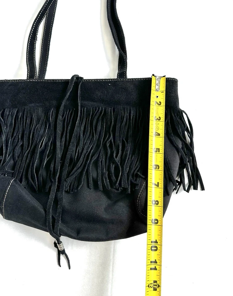 Bolso de Hombro/Cartera NINE WEST Negro Gamuza Flecos Suroeste Boho Corbata con Cuentas Foto 3 de 4