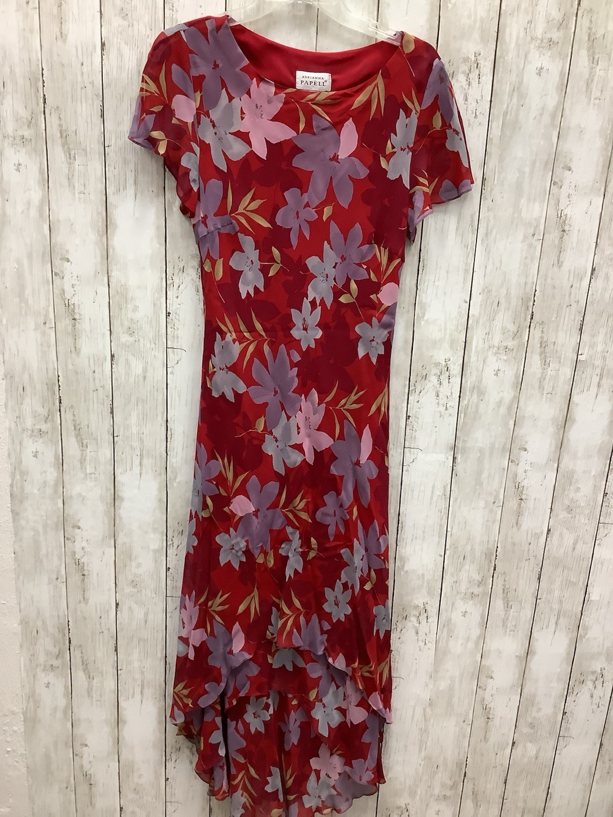 Vintage Adrianna Papell 12 Red Purple Floral Chiffon Flutter Sleeve Dress