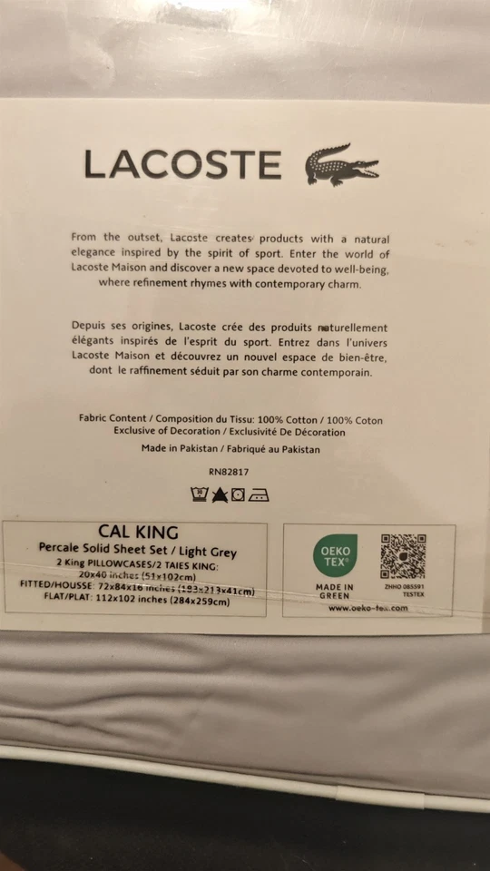 King LACOSTE 100%   Cotton Percale 4-piece California KING Light gray Sheet Set - Image 2 of 4