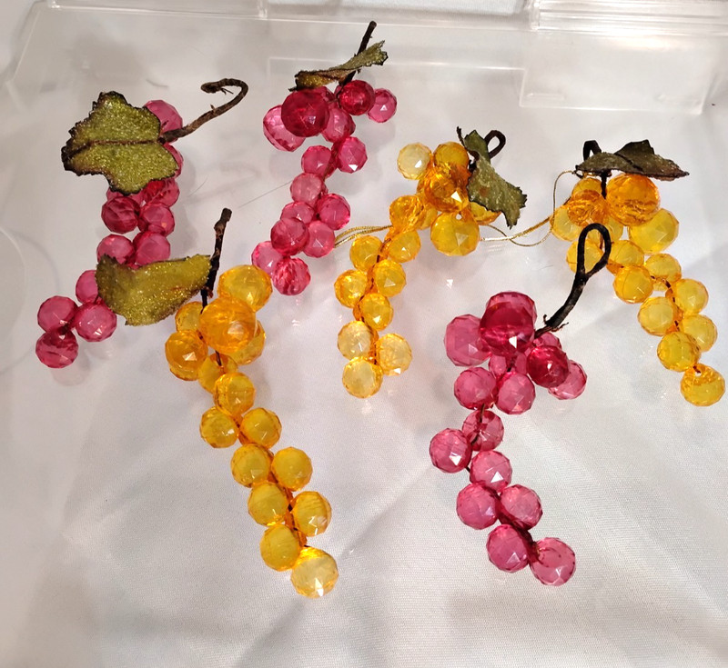 Lot of 6 MCM Faceted Acrylic Grape Clusters Christmas  Ornaments Yellow & Pink