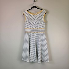 London Style Collection Dress 12 Blue White Striped Yellow Trim Fit Flare 153031
