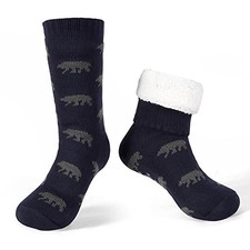 Men's Cozy Slipper Socks with Grips Non Slip Warm Fuzzy Socks 12-15 Bear Navy