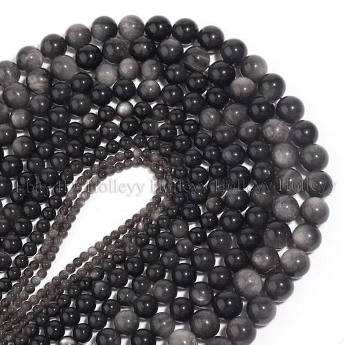 Cuentas sueltas redondas de piedras preciosas de obsidiana de plata natural para hacer joyas 4/6/8/10/12 mm - Imagen 9 de 17