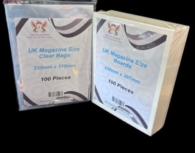 100 24pt U.K. Magazine Size Backing Boards & Bags Bundle    White- New_Acid Free