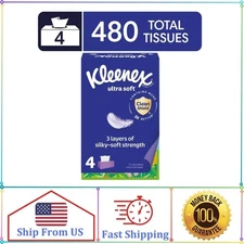 Kleenex Ultra Soft Facial Tissues, 4 Flat Boxes, 120 Tissues per Box, 3-Ply