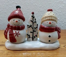 St. Nicholas Square "Winter Wishes" stoneware snowman salt & pepper set w/tray