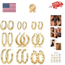 9 Pairs Gold Hoop Earrings for Women, 14K Real Gold Plated Chunky Hoop Earrin...