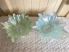 2 VTG Iridescent Lotus Petal Flower Dish Bowls Art Glass Aqua Green Blue 7” & 6”