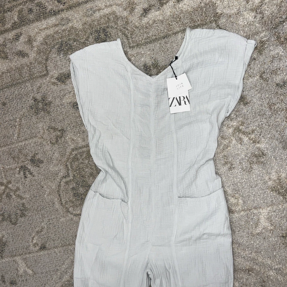 ZARA Girls Sz 11-12 Cute Short Sleeve Open Back Romper 100% Cotton Pale Blue NWT - Image 2 of 4