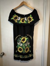 Embroidered Sunflower Boho Off Shoulder Black Mexican Peasant Dress  Tie Sz XL