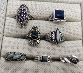 Lot of 7 Vintage Sterling Silver Bands Rings with Gems & Marcasites
