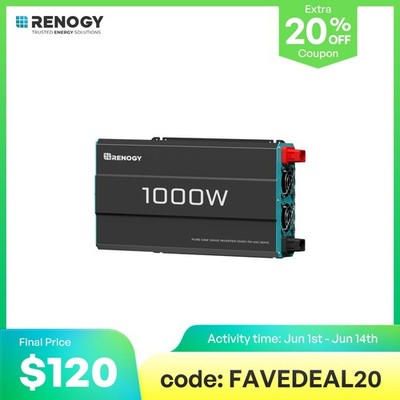 Renogy 1000W Pure Sine Wave Inverter 12V DC to 120V AC Converter Remote Control