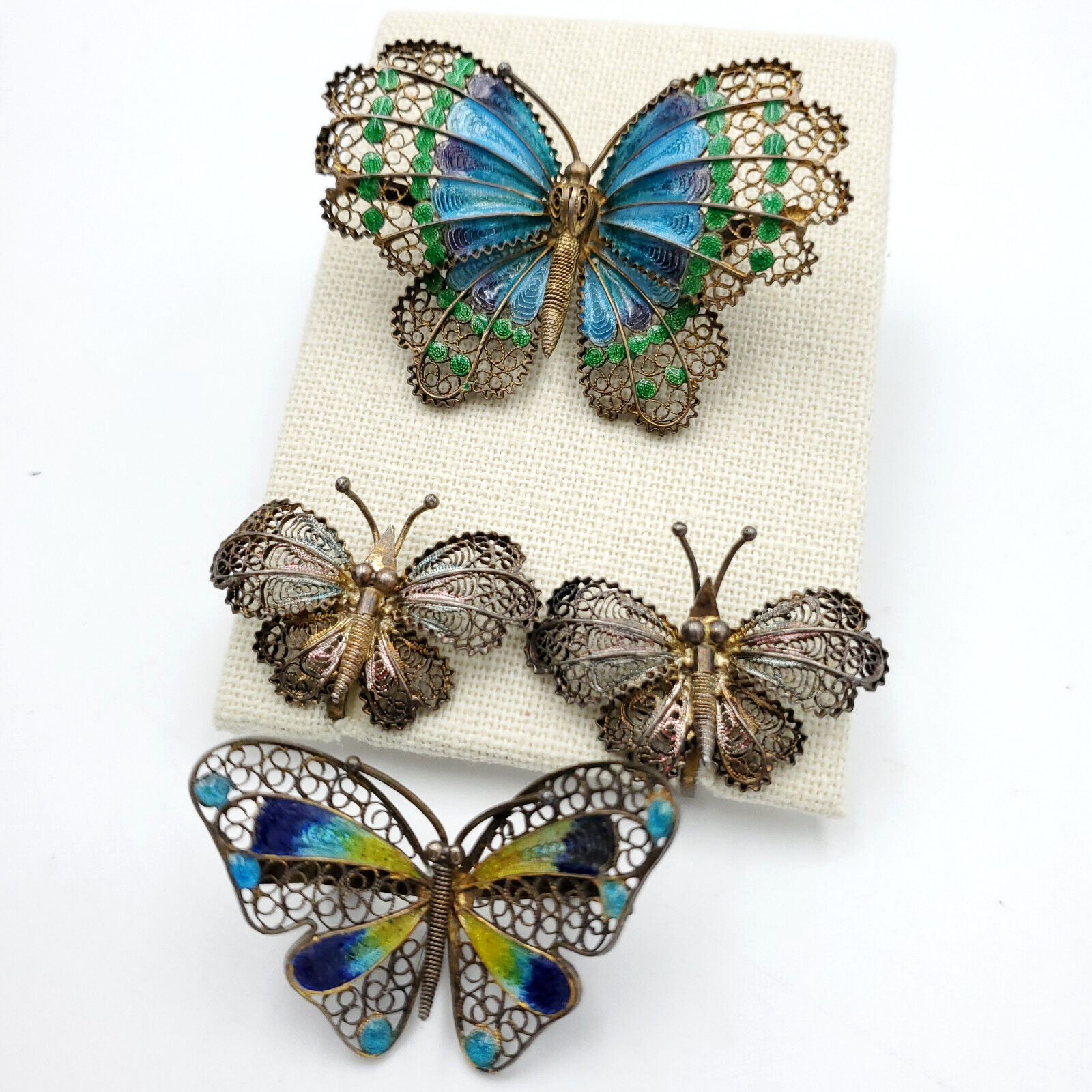 Vtg LOT 3 Butterfly Pin Brooch Earrings Enamel Fi… - image 1