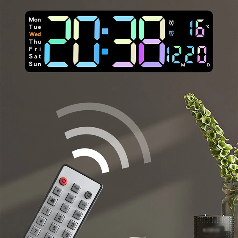 Digital LED Alarm Clock RGB Large LED Display Wall Clock Humidity Remote Control - Image 3 of 4