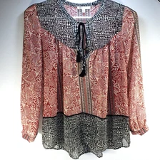 DR2 Daniel Rainn Womens Tunic Blouse Med. Buttons & Tie Tassel Long +3/4 Sleeve