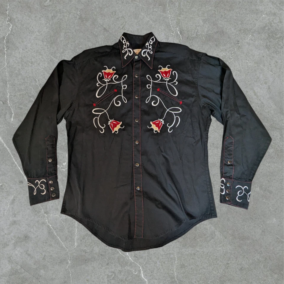 Camisa Western Rockmount Ranch Wear Hombres Pequeña Perla Bordada a Presión Negra #6705 Foto 2 de 4