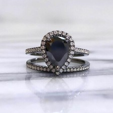 3.95Ct Pear Cut Black Lab Created Diamond Bridal Ring Set 14K Black Gold Finish