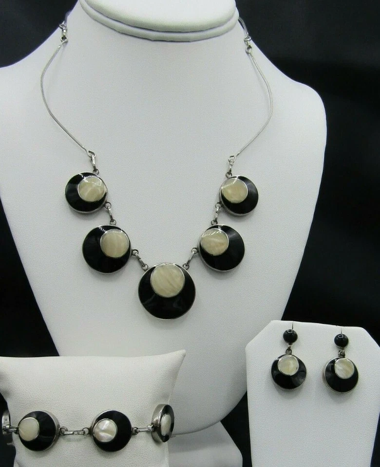 Enamel MOP Black Discs Silver Tone Earrings, Bracelet & Necklace Set 18" - 6.5" - Image 2 of 4