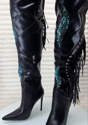Frenzy Black Fringe Rhinestone Over The Knee Thigh Boots Azalea