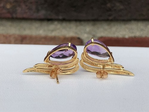 14K YELLOW GOLD 8.00CT PEAR SHAPED AMETHYST WING STYLE STUD EARRINGS - 第 4/5 張圖片