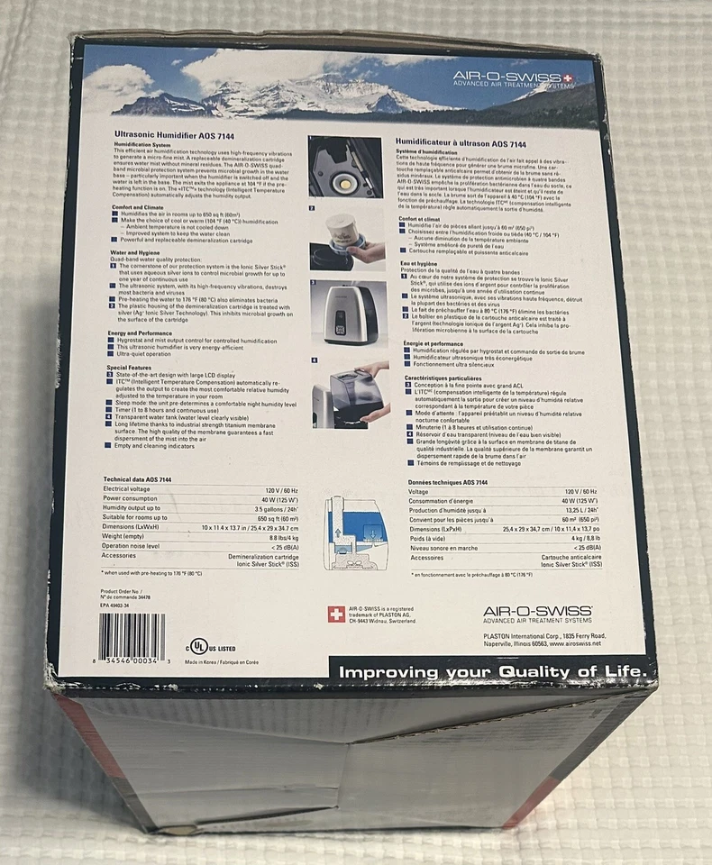 Air-O-Swiss AOS 7144 Ultrasonic Humidifier Warm Or Cool Mist Ag+ Anti microbial. - Image 2 of 4