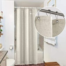 Neutral Color Flax Linen Fabric Shower Curtain Liner Set with Hooks Waterproo...
