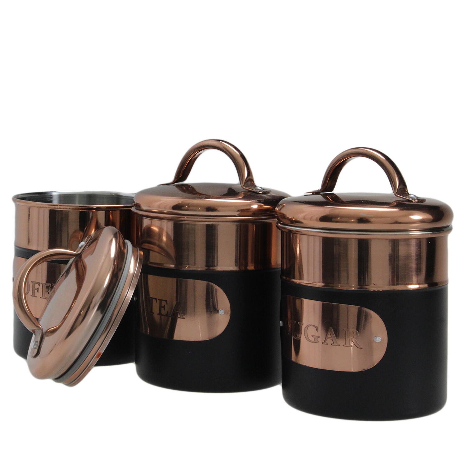 Set of 3 Stainless Steel Copper Black Tea Sugar Coffee Canisters