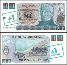 ARGENTINA 1 AUSTRAL ON 1000 PESOS ARGENTINOS 1985 UNC PREFIX D,PAINTING EL PASO