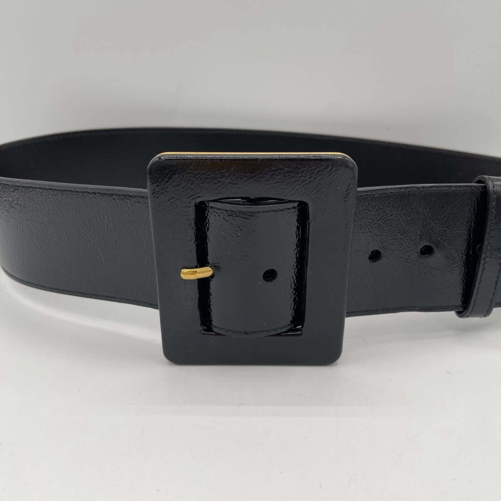 YVES SAINT LAURENT Waist Belt Size 85 34 Vintage Brown Patent G Tone Hardware