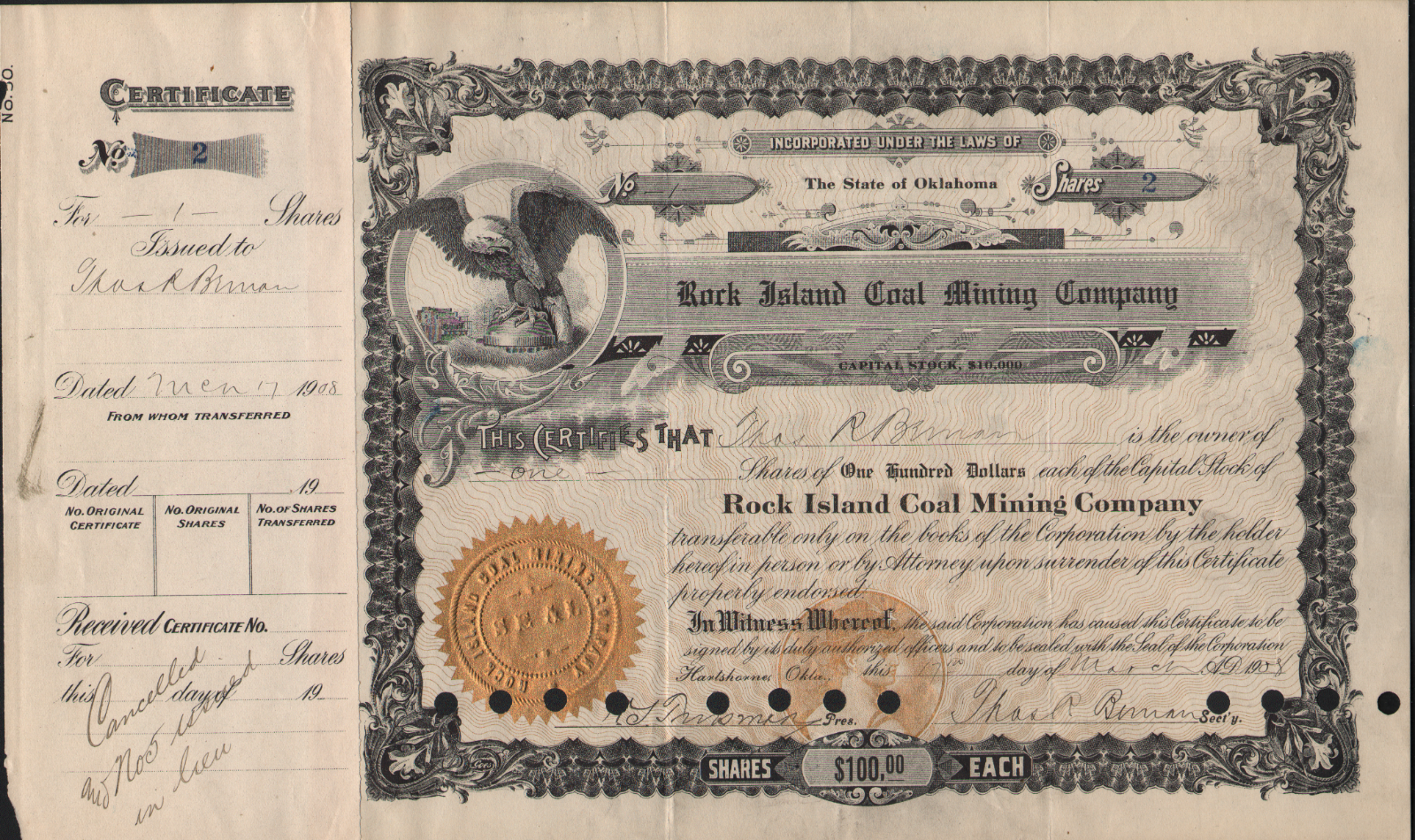 STK Rock Island Coal Mining Co 1908 Hartshorne OK CRIR&P RR Owned
