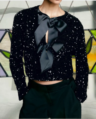 ❤️ H&M Limited Edition Party Black Tie Front Bow Sequined Jacket