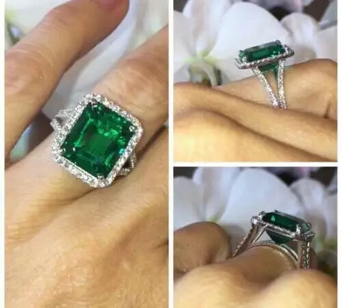 5Ct Emerald Cut Lab Created Green Emerald Engagement Ring 14K White Gold Plated - Picture 1 of 7