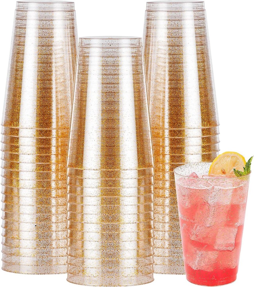 50PCS 14oz Glitter Plastic Cups for Party Disposable 50 Pack Gold Glitter-14oz