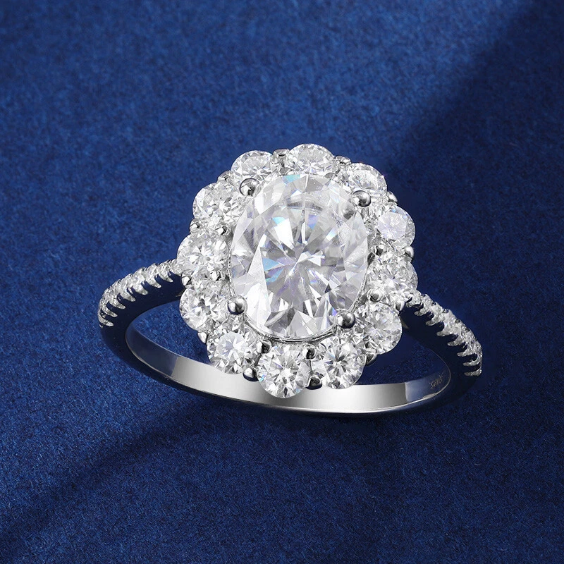 2ct D Color Oval Cut Moissanite Sunflower Ring Women S925 Silver Wedding Band - Image 2 of 4