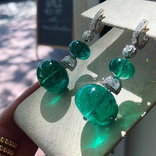 Deep Vivid Green Large Fancy Emerald With Clear White CZ Dangle Fashion Earring - Image 2 of 4