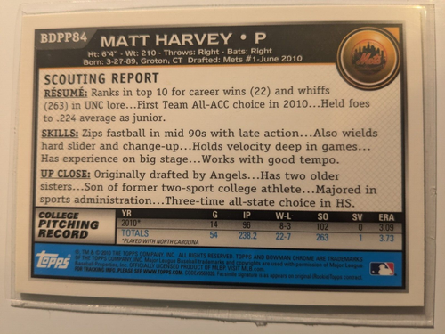 2010 Bowman Chrome Baseball #BDPP84 Matt Harvey - Picture 2 of 3