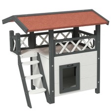 PawHut Outdoor Cat House w/ Balcony Stairs Roof, White