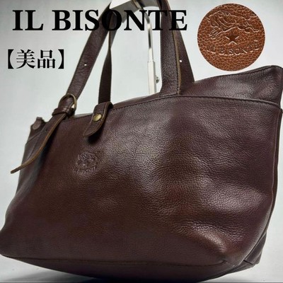 Il Bisonte Tote Bag Leather Embossed Logo Shoulder Strap Gold Buttons Brown
