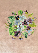 ANT FINISHED NEEDLEPOINT "VIOLETS" LT DUSTY ROSE COLOR, PURPLES BLUES, 13 X 11
