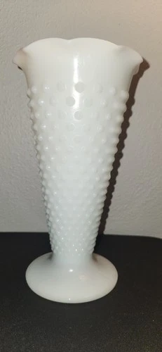 Vintage Anchor Hocking Milk Glass Hobnail Trumpet Vase Ruffled Scalloped Rim