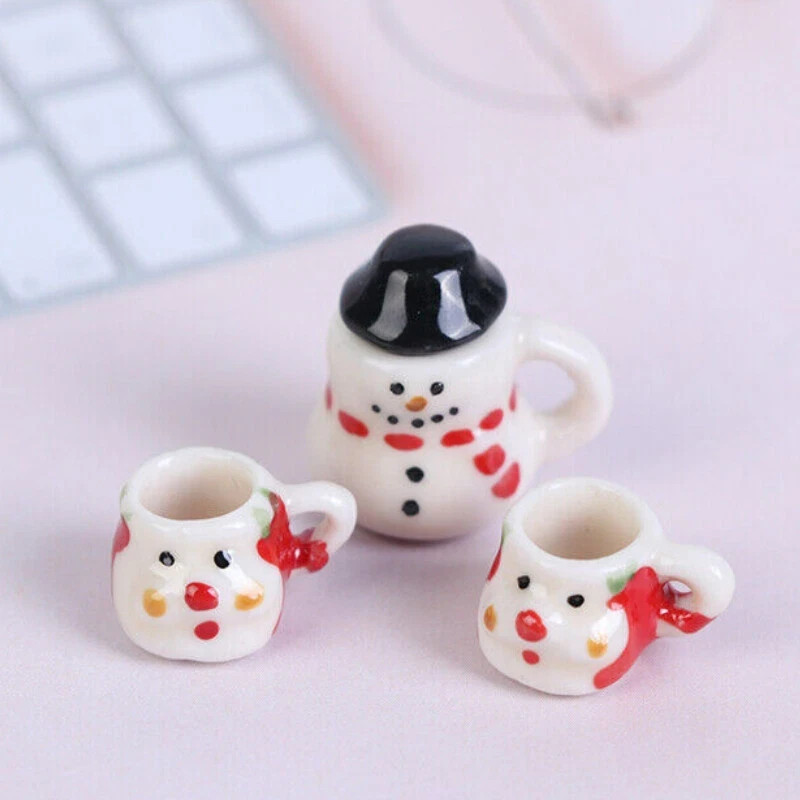 3Pcs Dollhouse Miniature 1:12 Scale China Set Mug Coffee Cups Christmas Teapot
