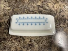Vintage Pyrex Butter Dish White Milk Glass Blue Snowflake Garland - Excellent!