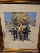 Joseph Correggio signiertes Pastell – Bauer mit Ochsenkarren – 37x40 cm – gerahm